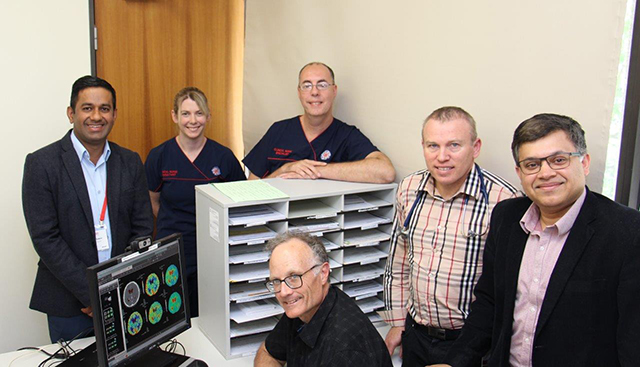 Pictured left to right: Dr Muhammad Zubair, Clinical Nurse Consultant Rebecca Reynolds, Clinical Nurse Specialist Roger Shreeve, Dr Daniel Putt, Dr Thomas Chemmanam and Prof David Blacker (seated).
